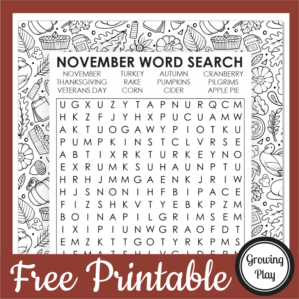November Word Search Free Printable