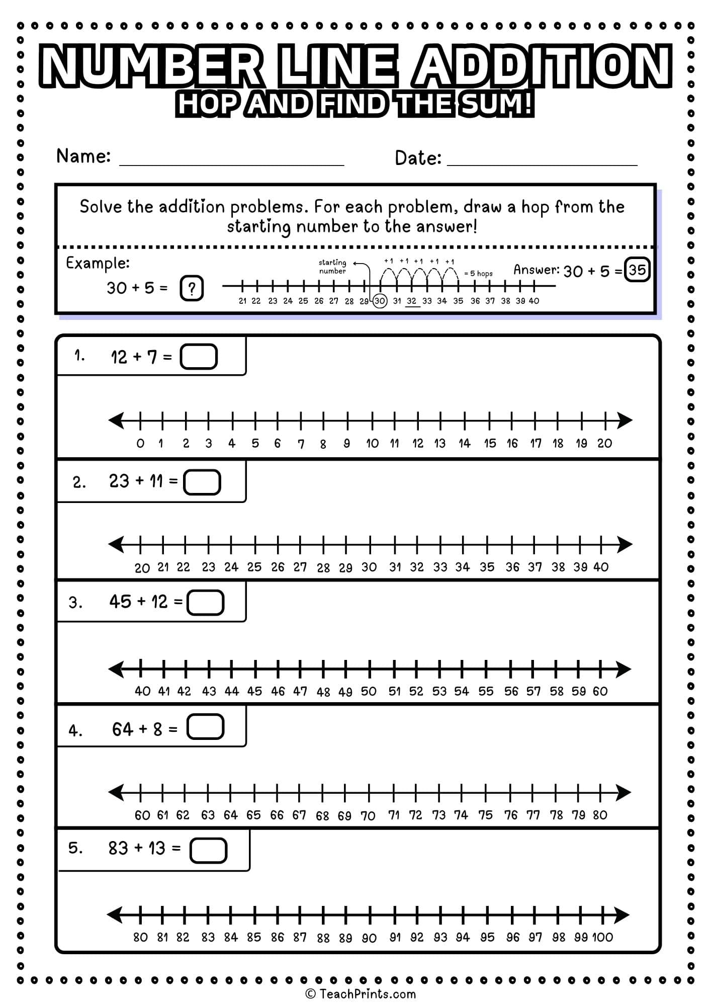 Free Printable Number Line Addition Worksheets