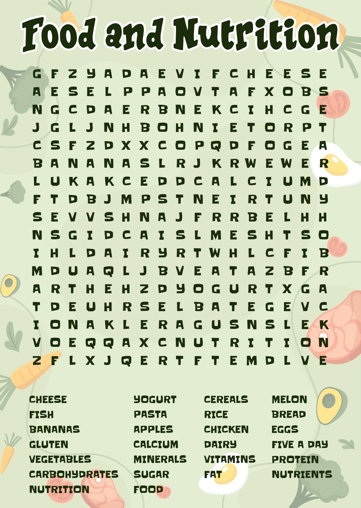 Healthy Food Word Search Puzzles Printable