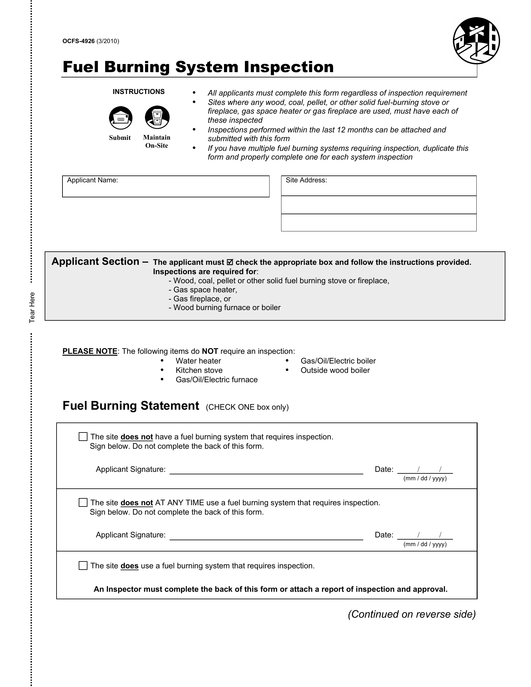 OCFS 4926 Fuel Burning System Inspection Forms Docs 2025