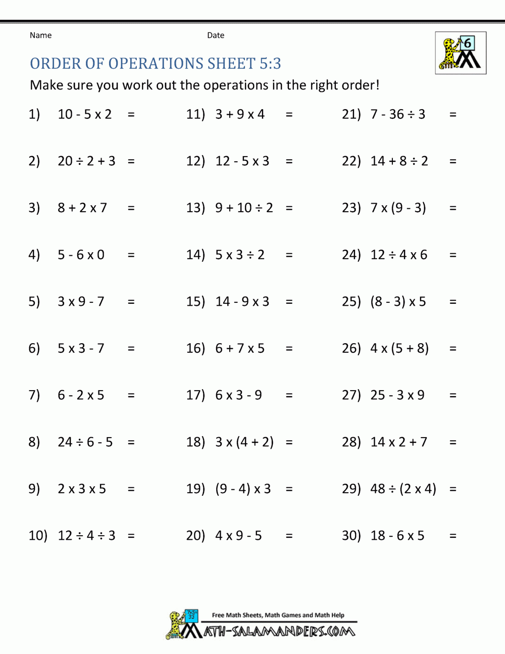 PEMDAS Problems Worksheets 5th Grade