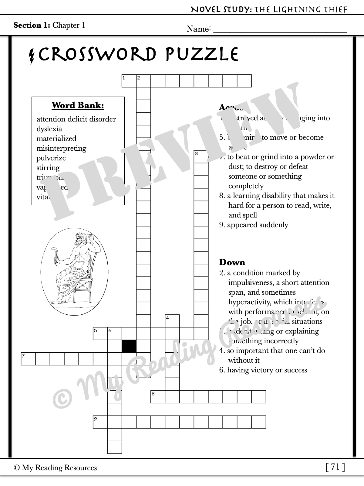 Percy Jackson And The Olympians The Lightning Thief Section Quizzes amp Crossword Puzzles My Reading Resources