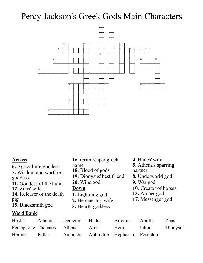 Percy Jackson s Greek Gods Main Characters Crossword WordMint
