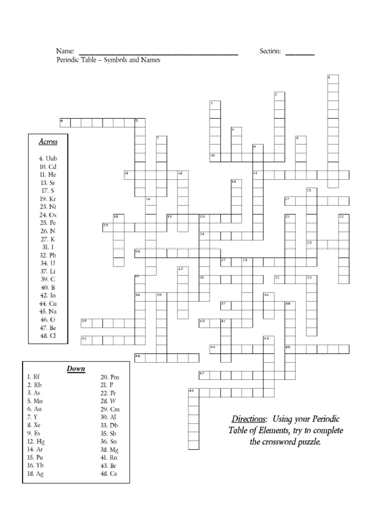 Periodic Table Crossword Puzzles Printable