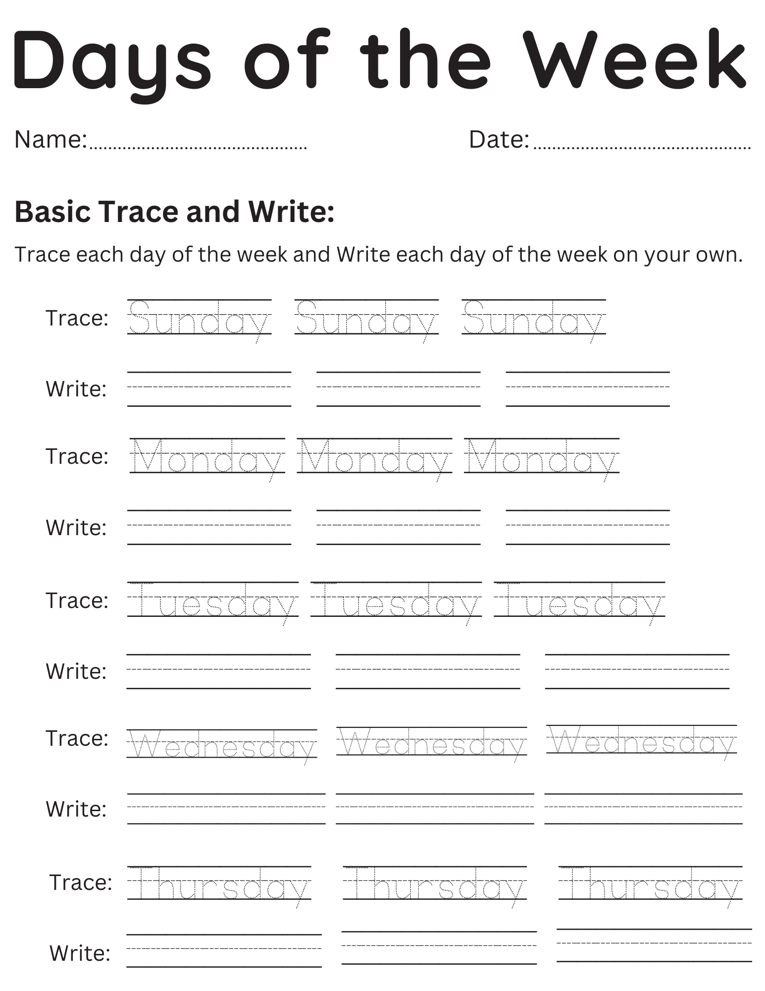 Printable Days Of The Week Trace And Write Worksheet For 