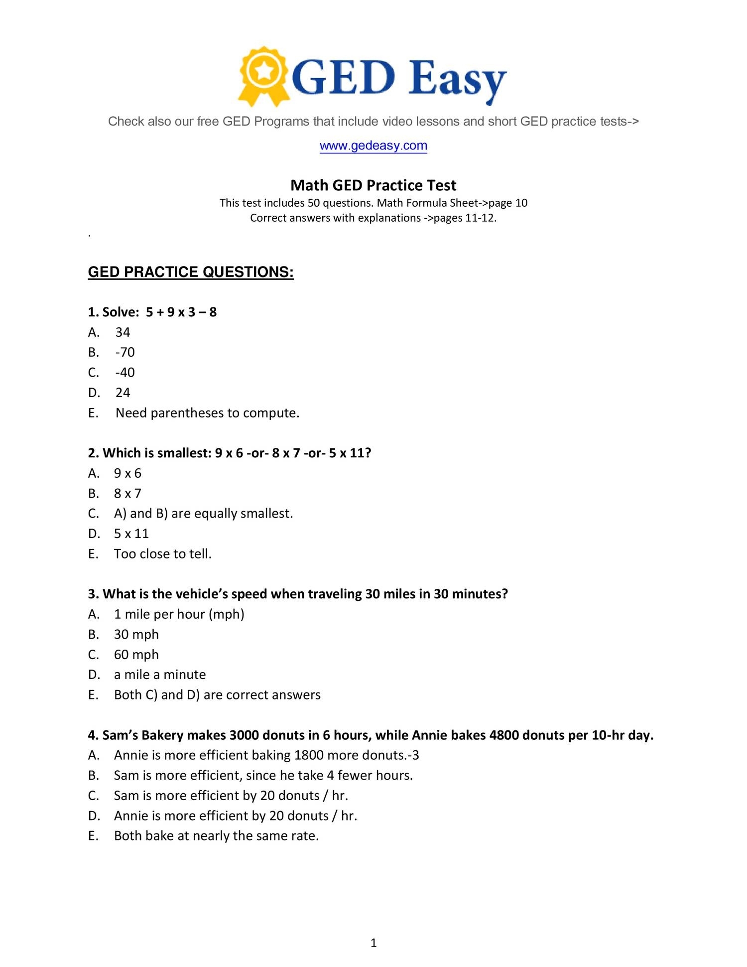 Printable Ged Math Practice Test Worksheets Library