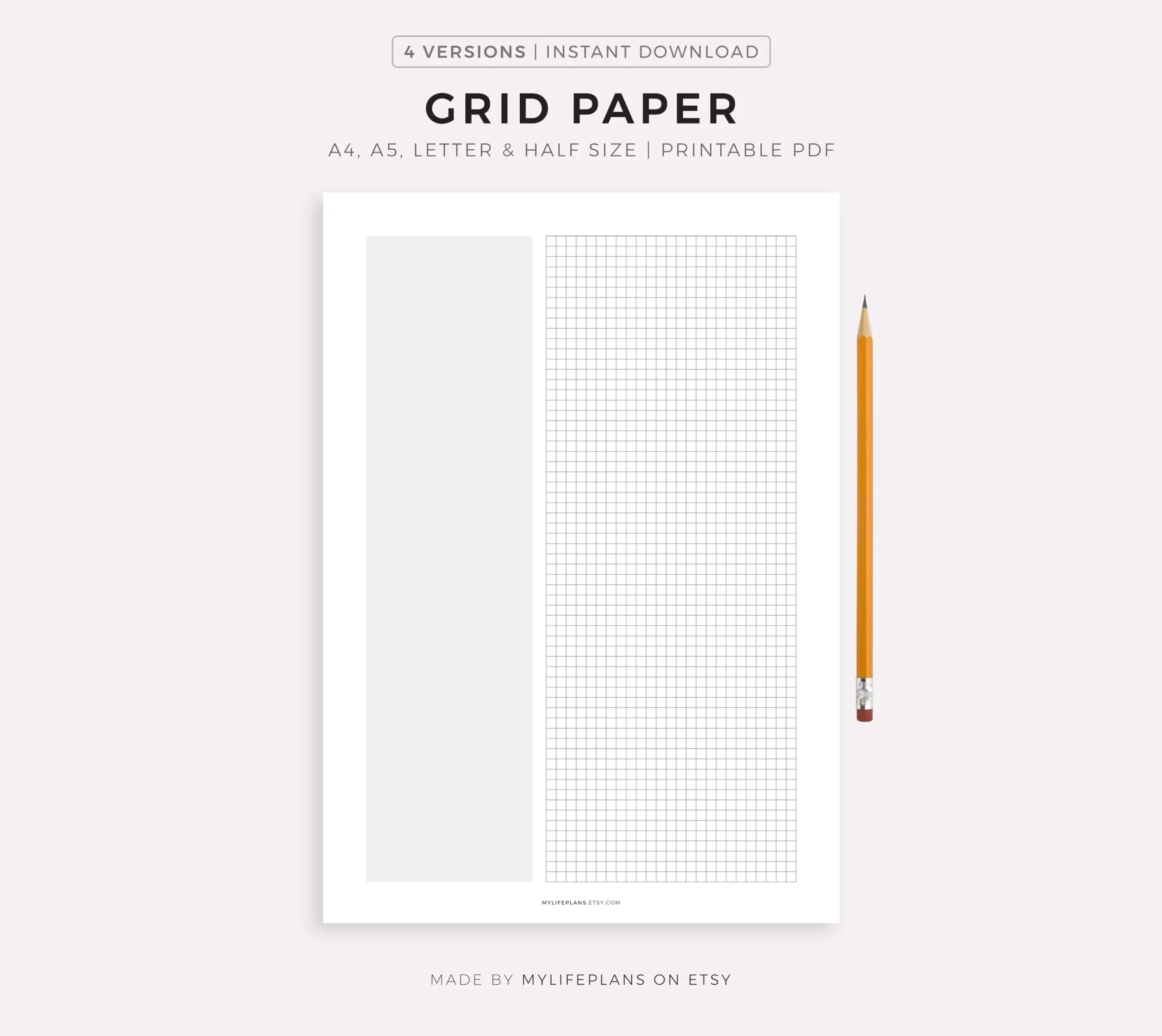 Printable Grid Paper A4 a5 letter half Size Instant Download PDF 