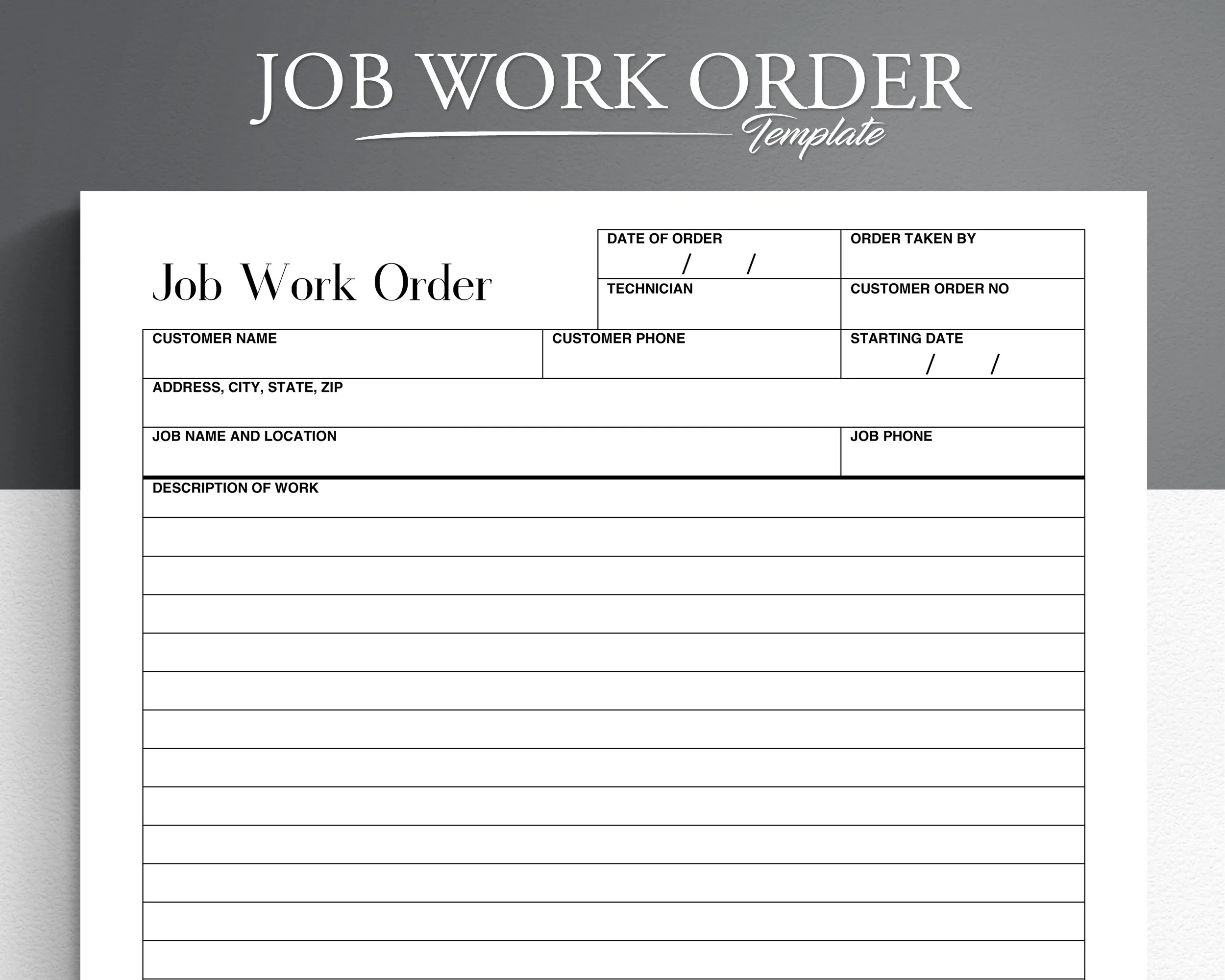 Printable Job Work Order Form Small Business Template US Letter 