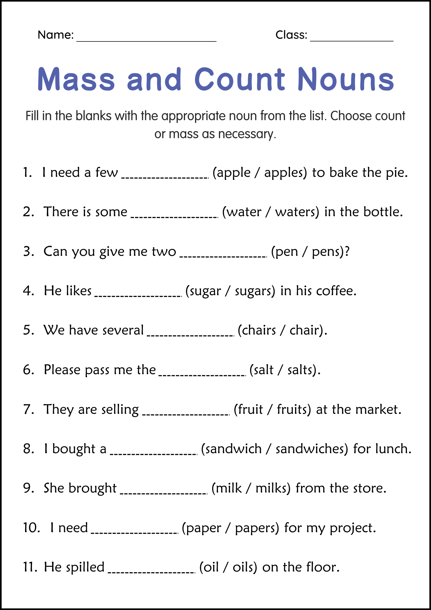 Printable Grammar Worksheets For Grade 4