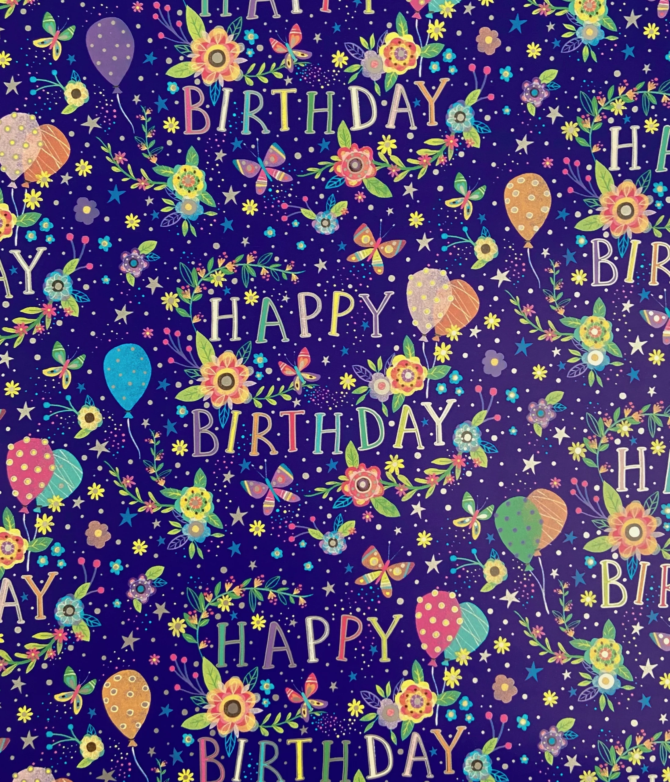 PRINTED GLOSS WRAPPING PAPER HAPPY BIRTHDAY FLORAL Ribbon amp Blues