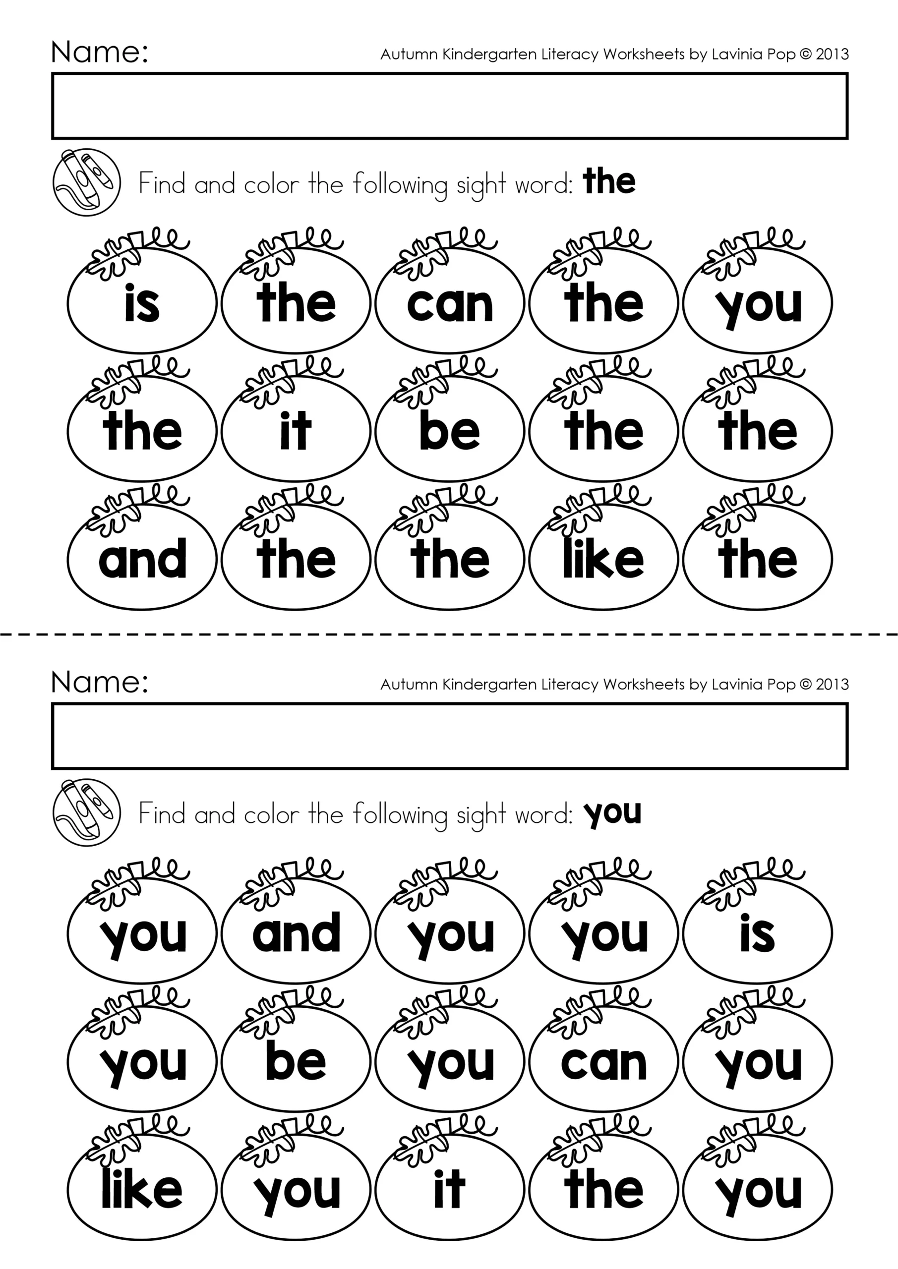 Kindergarten Printable Worksheets Sight Words