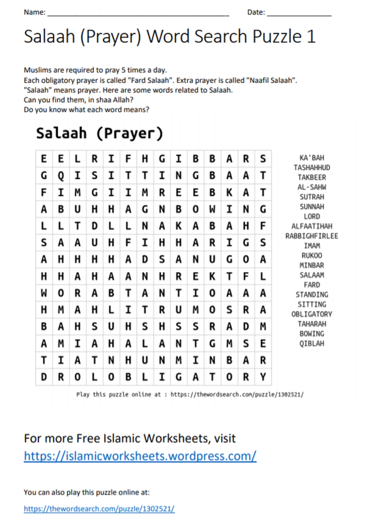 Salaah Word Search Puzzle 1 Islamic Worksheets For Children