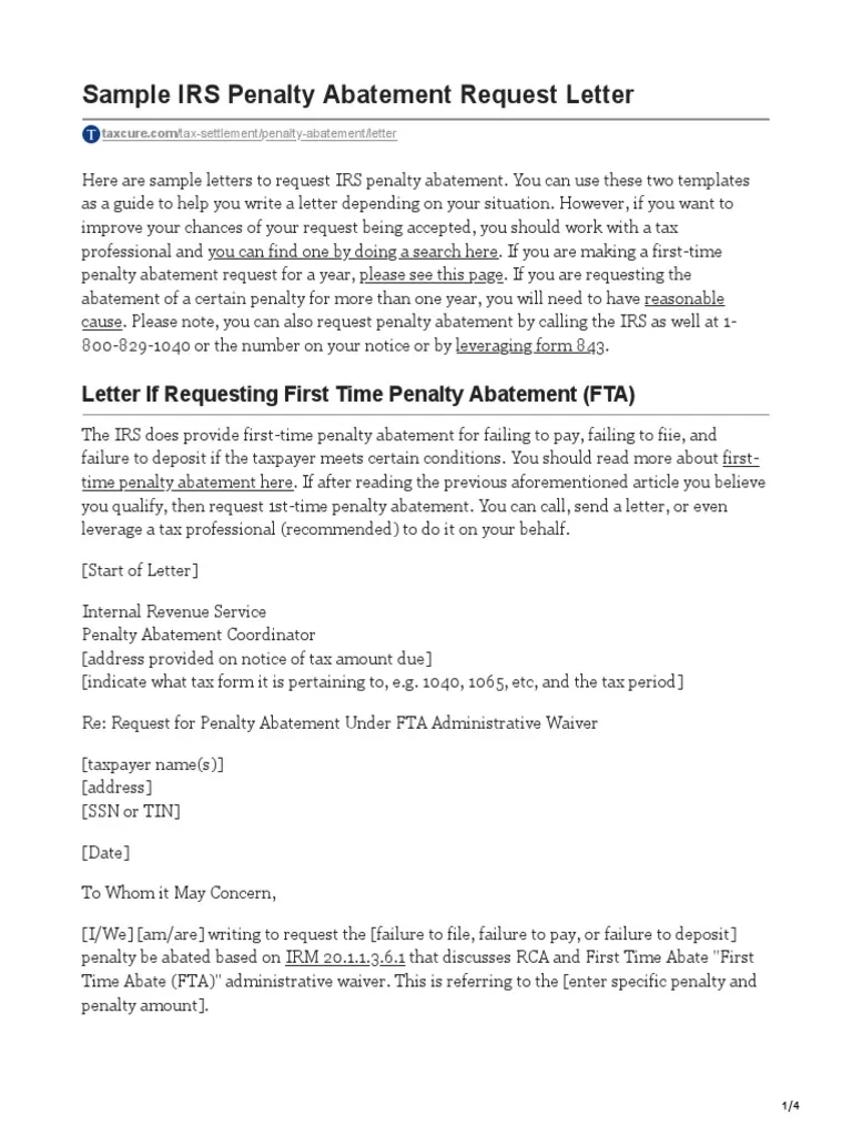 Sample IRS Penalty Abatement Request Letter PDF Internal 
