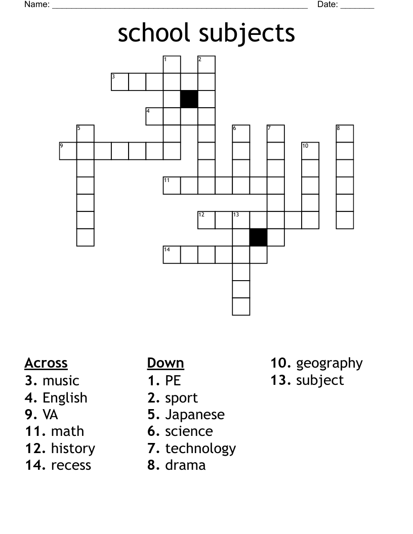 School Subjects Crossword WordMint
