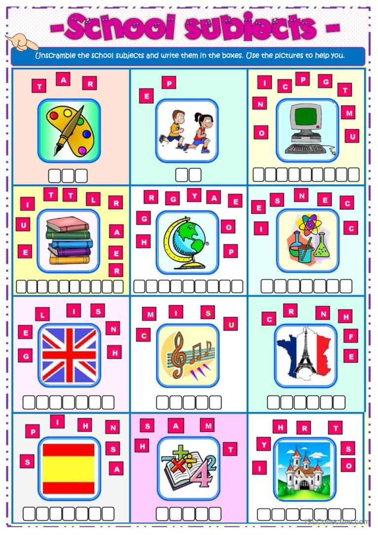 SCHOOL SUBJECTS Unscramble Crossw English ESL Worksheets Pdf 