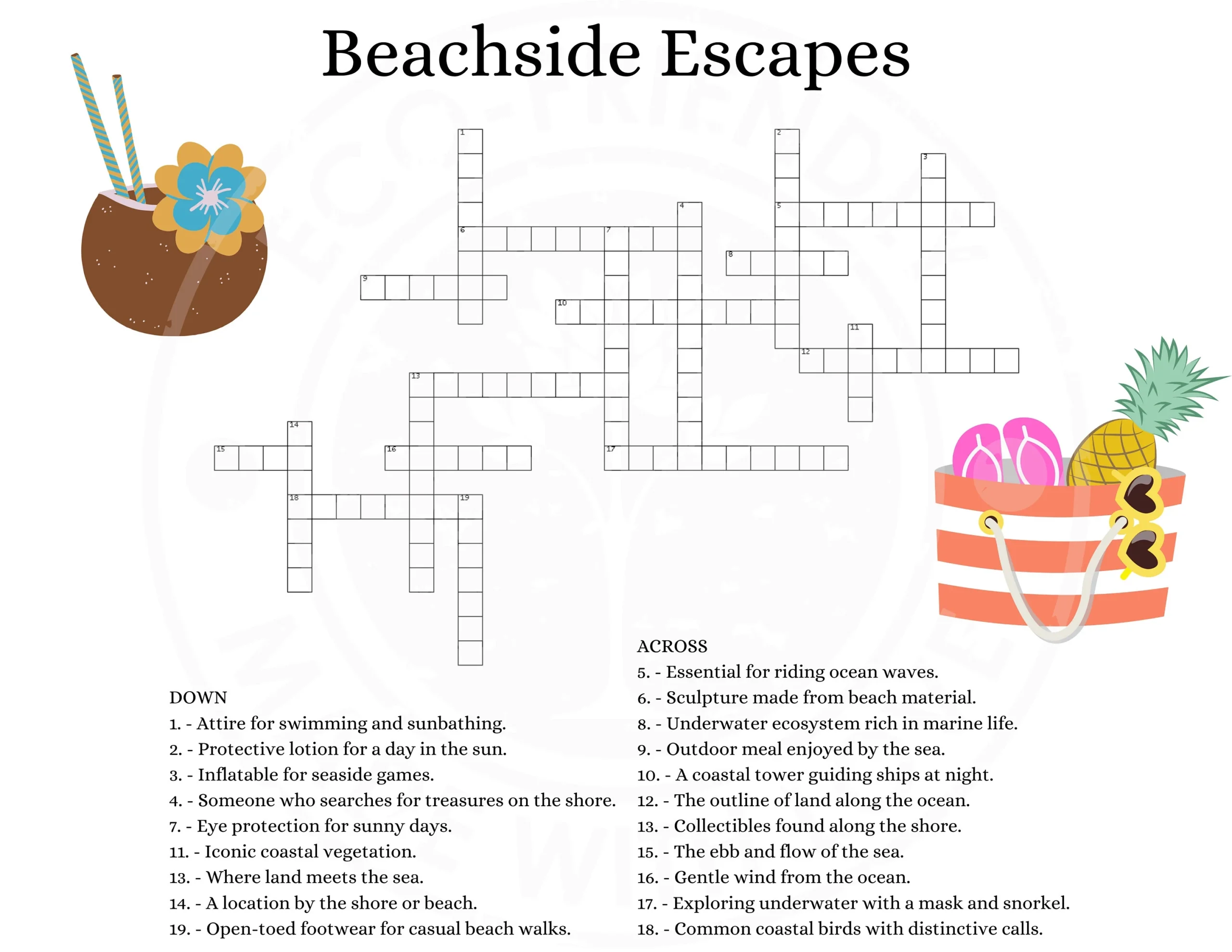 Sea Lovers Crossword Puzzles PDF 8 Puzzles Beach Ocean 