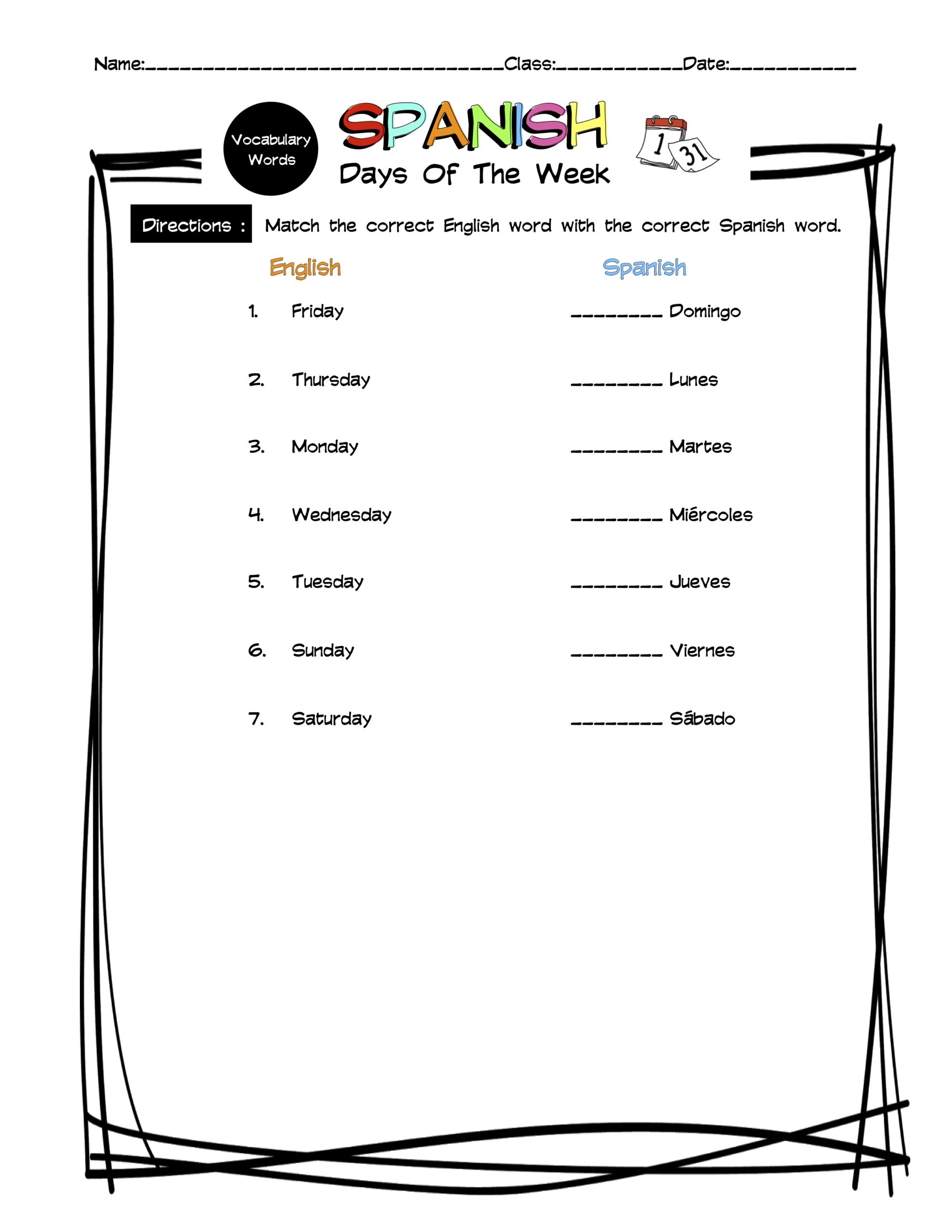 Spanish Days Of The Week Vocabulary Matching Worksheet amp Answer 