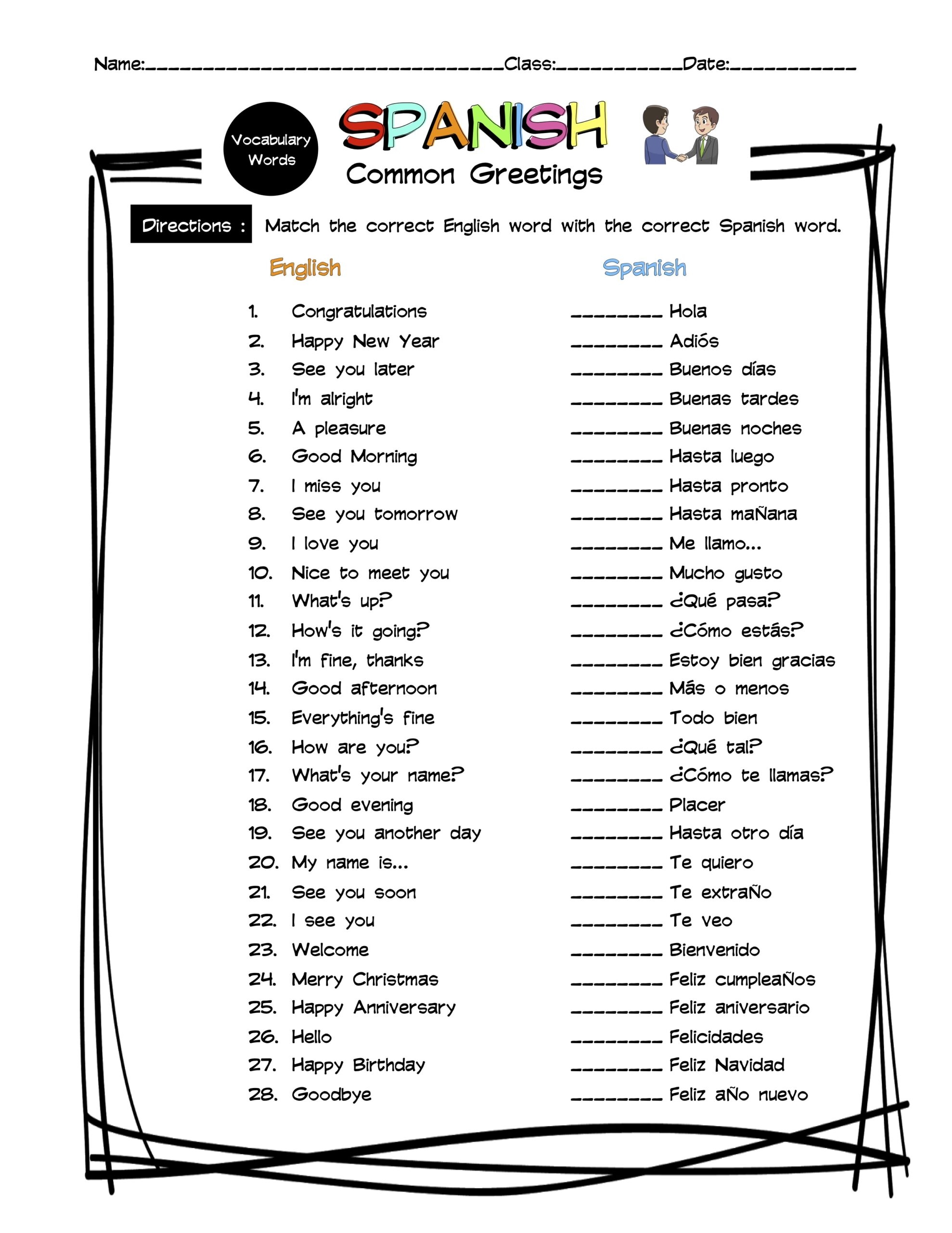 Spanish Greetings Vocabulary Matching Worksheet amp Answer Key 