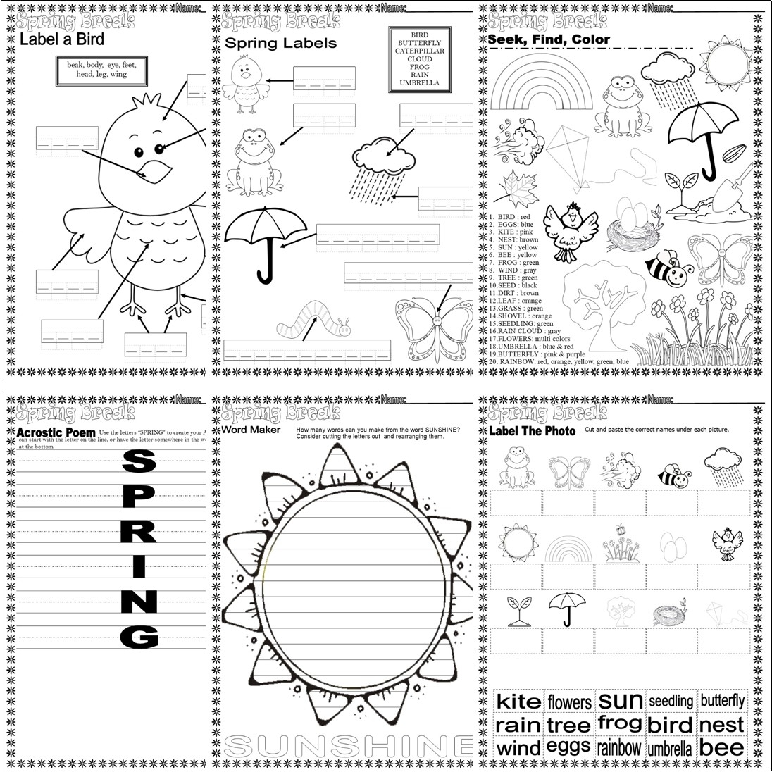 Spring Break 1st 2nd Grade Math Literacy Activities Worksheets 