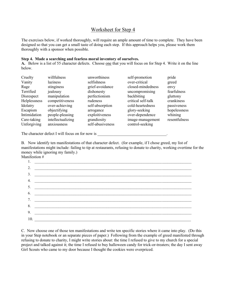 Character Defects List Printable