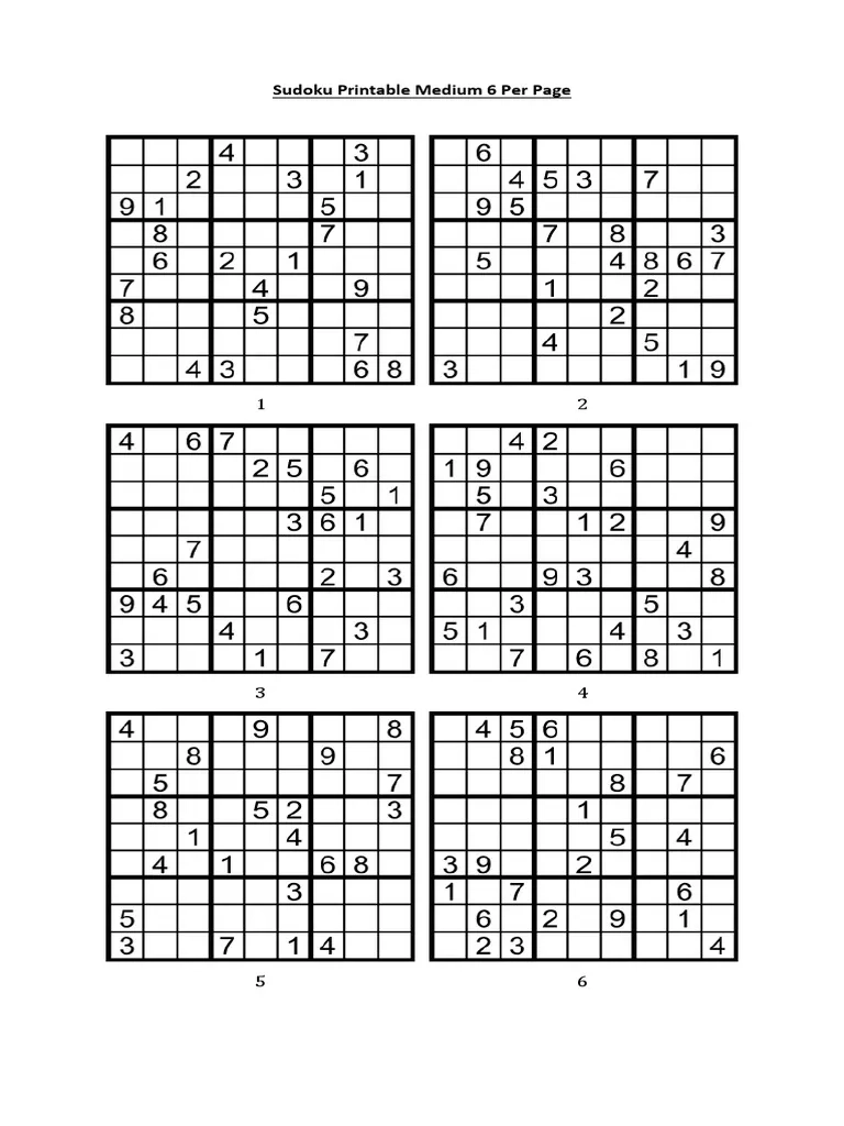 Sudoku Printable Medium 6 Per Page PDF