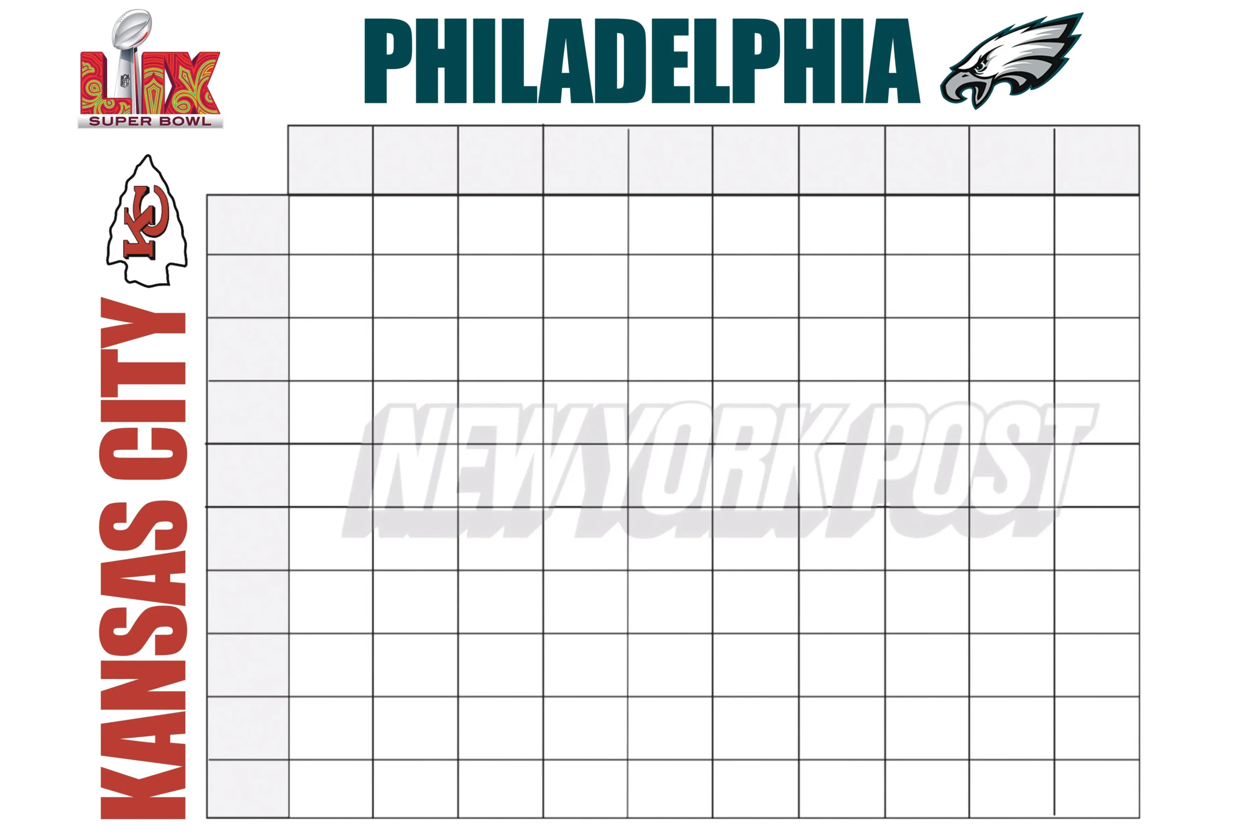 Super Bowl 2025 Squares Printable Boxes Template For Chiefs Vs 