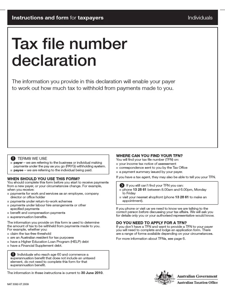 Tax File Number Declaration PDF Withholding Tax Payments