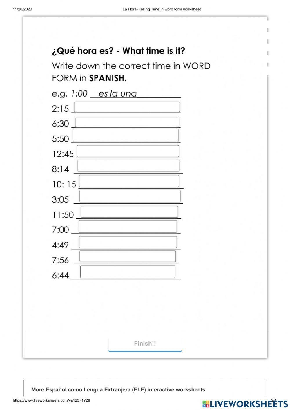 Telling Time In Spanish Worksheet Worksheets Library