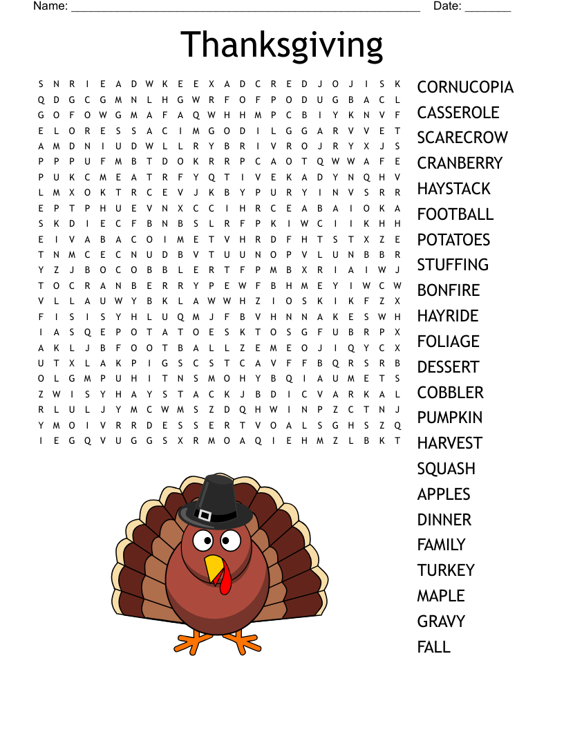 Printable Word Searches Thanksgiving