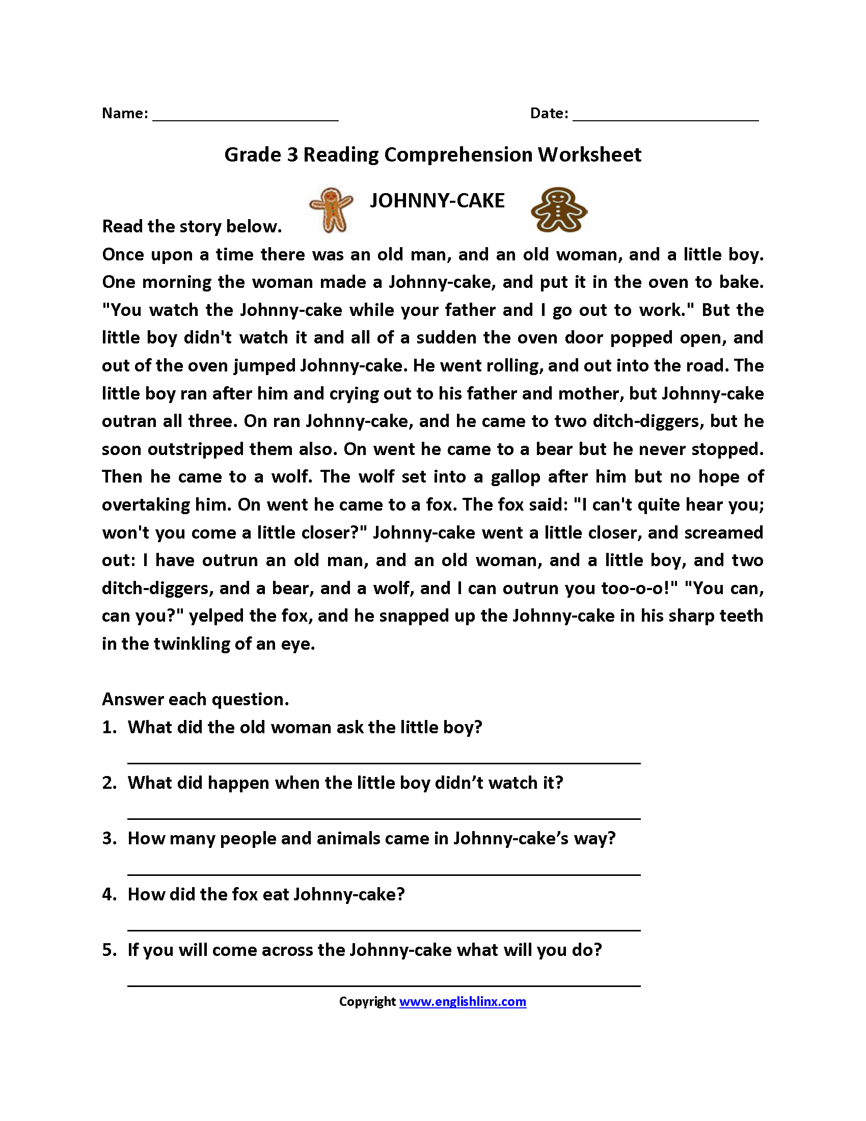 Printable Reading Comprehension Worksheet 3rd
