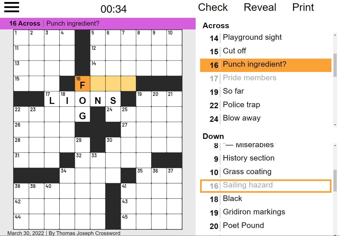 Thomas Joseph Crossword Free Online Game Toronto Star