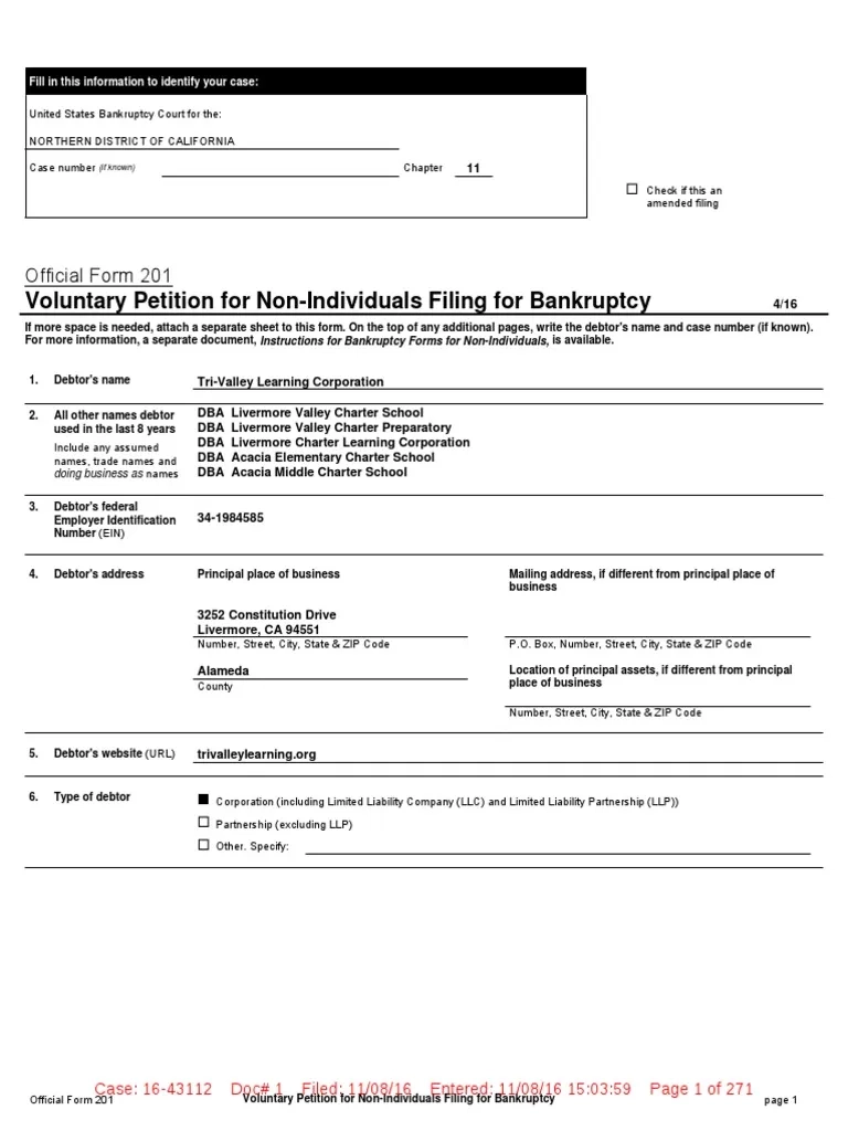 TVLC Voluntary Petition Chapter 11 2016 11 08 PDF Chapter 11 