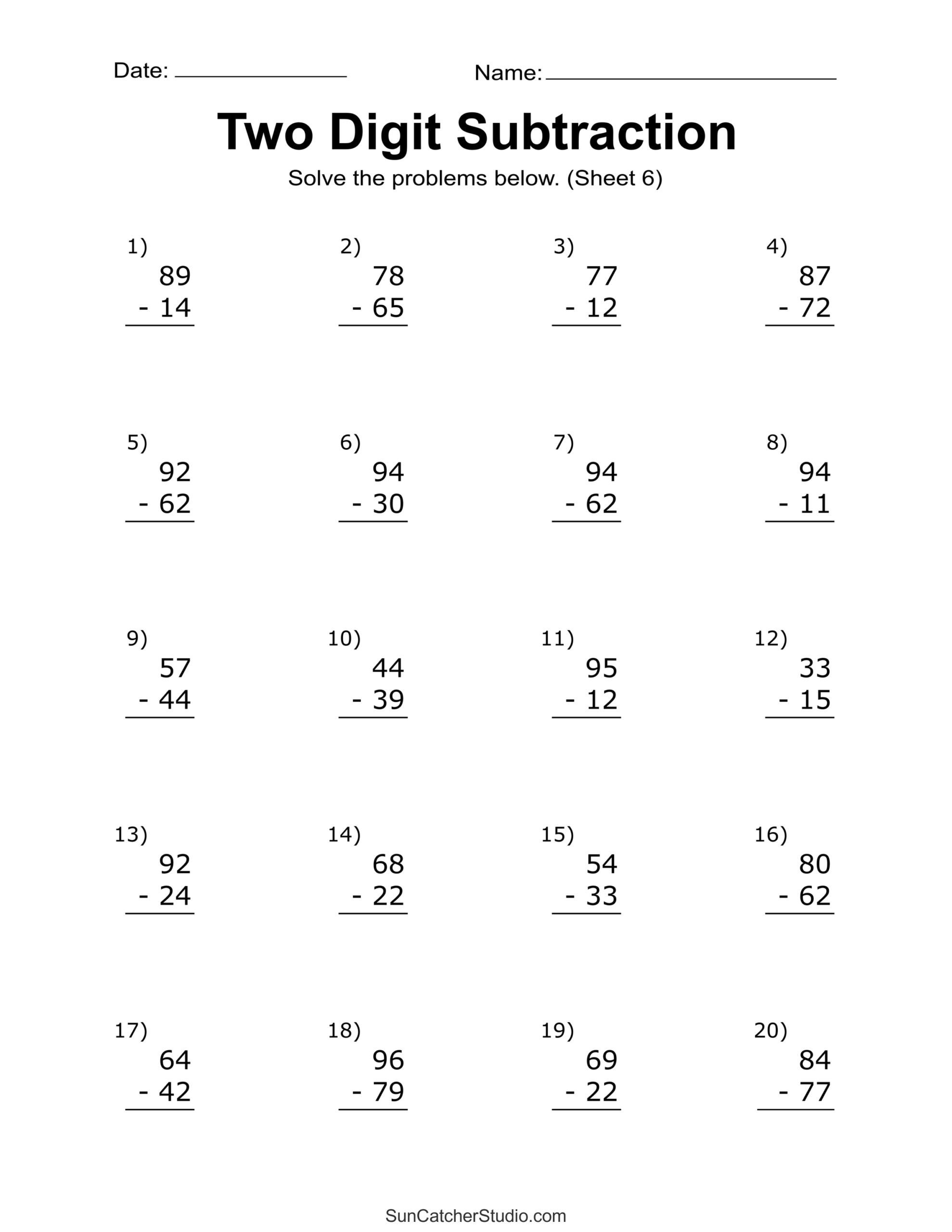 Two Digit Subtraction Worksheets Printable Math Drills Free 