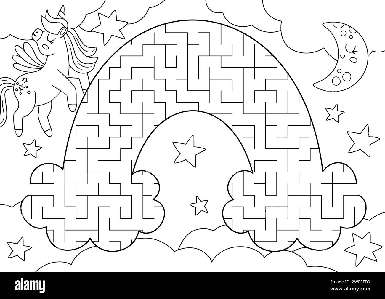 Unicorn Black And White Geometrical Maze For Kids Fairytale Line 