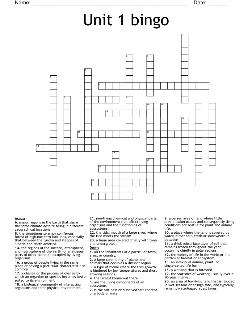 Unit 1 Bingo Crossword WordMint