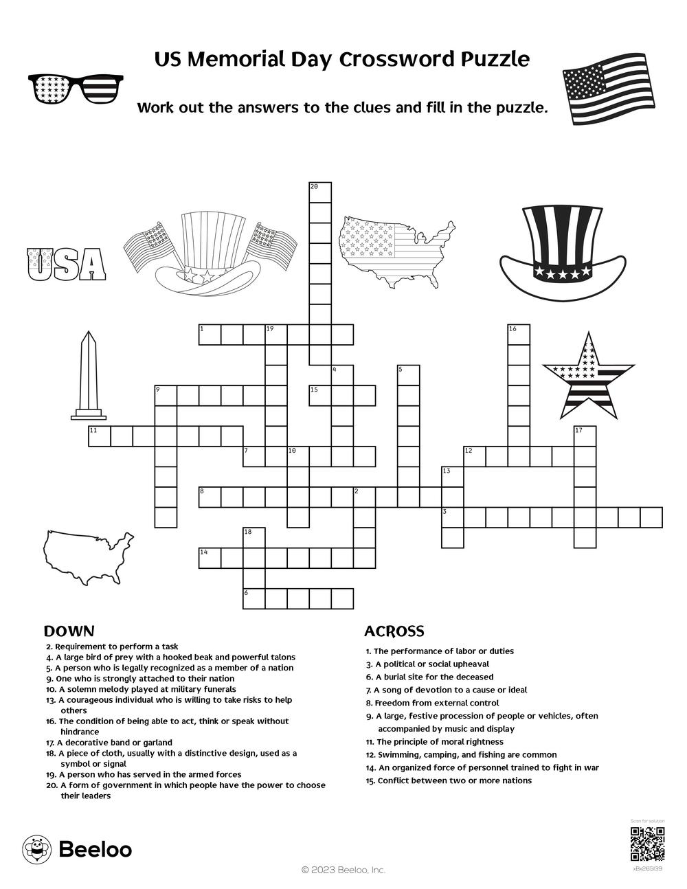 US Memorial Day Crossword Puzzle Beeloo Printable Crafts And 