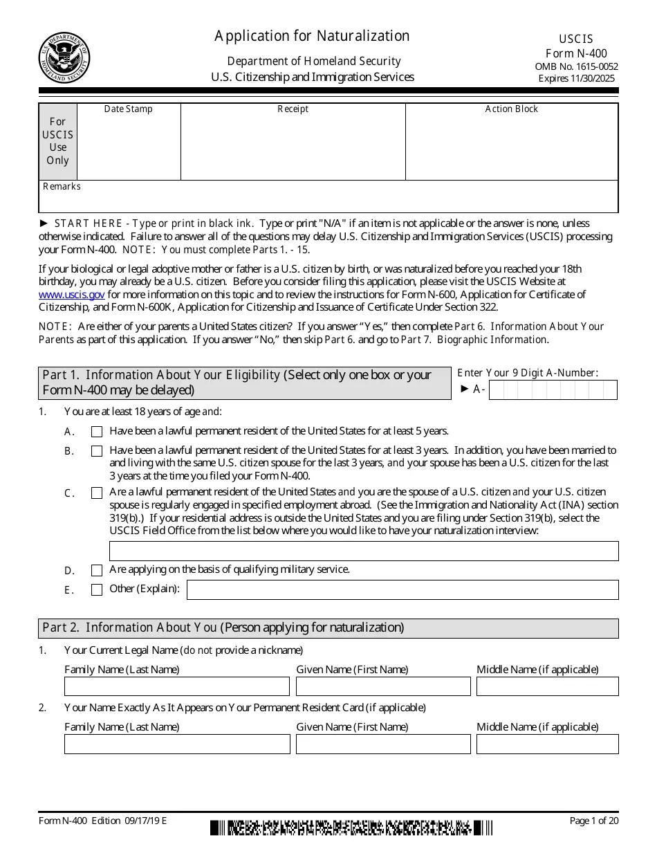 USCIS Form N 400 Download Fillable PDF Or Fill Online Application 