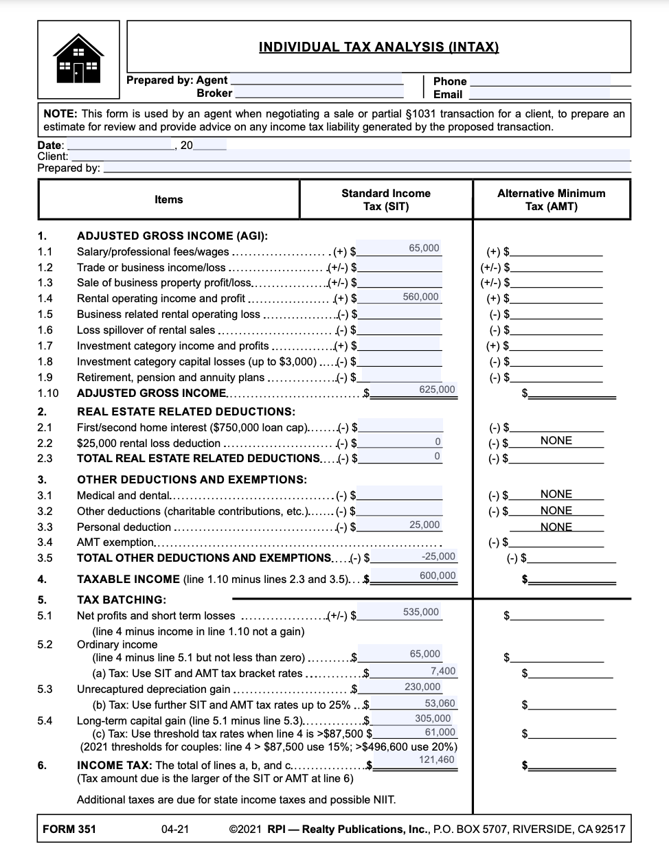 Using The INTAX Form To Calculate The Seller s Federal Tax 
