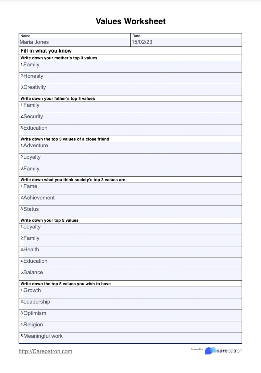 Values Worksheet amp Example Free PDF Download Worksheets Library