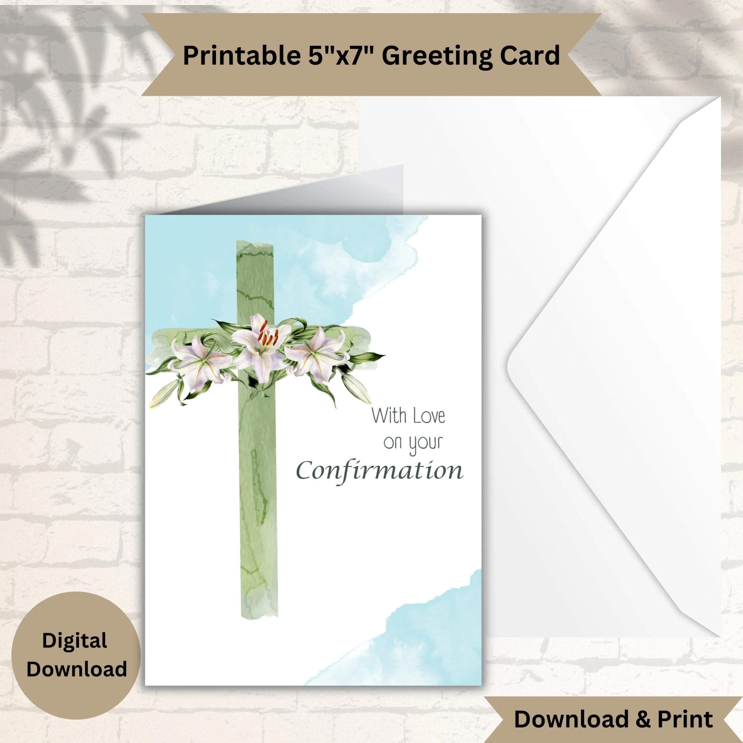 Watercolor Cross Confirmation Card Sage Green Lilies PDF Etsy