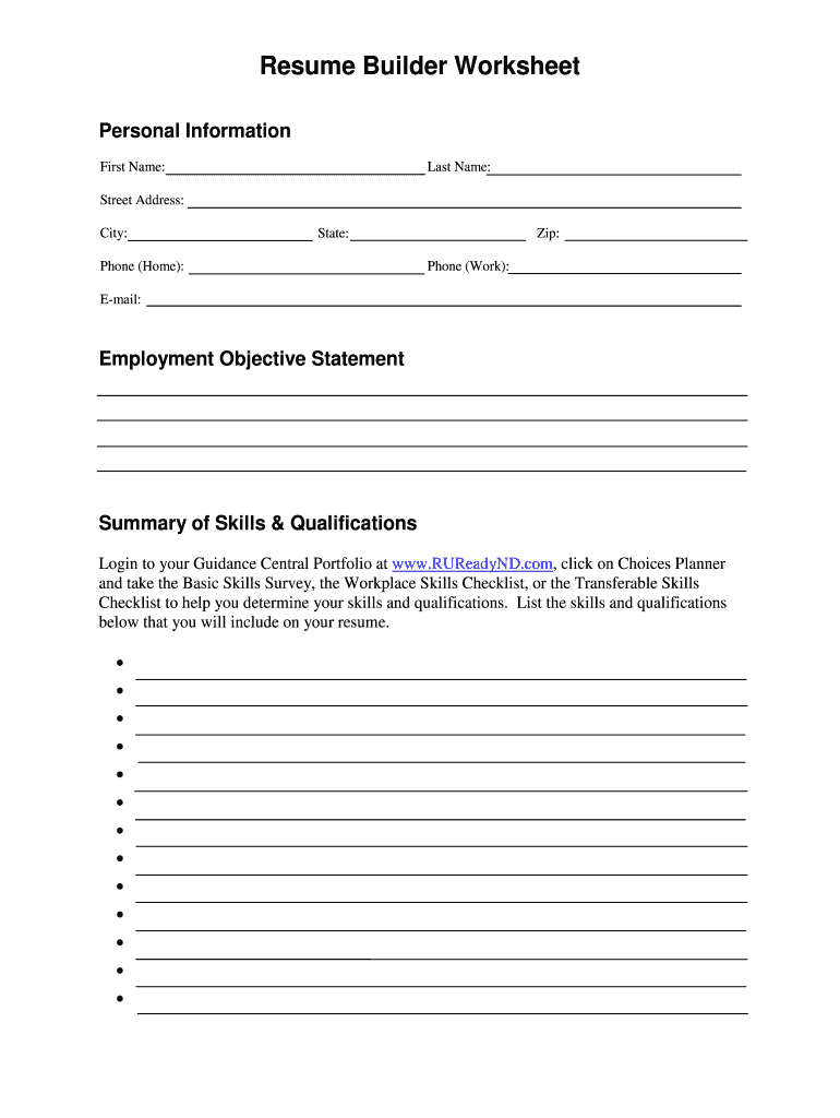 Free Printable Resume Builder Worksheet